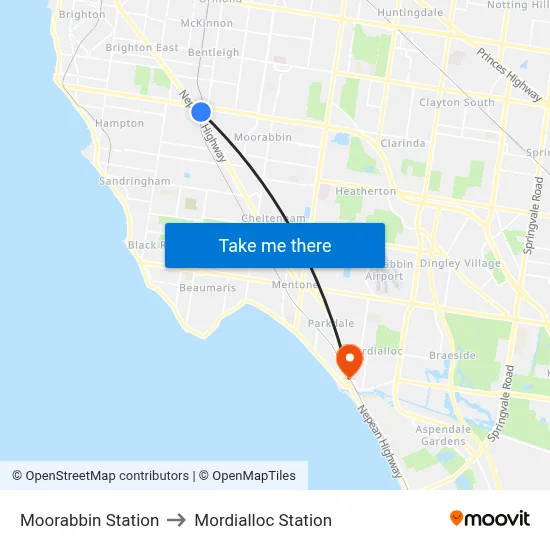 Moorabbin Station to Mordialloc Station map