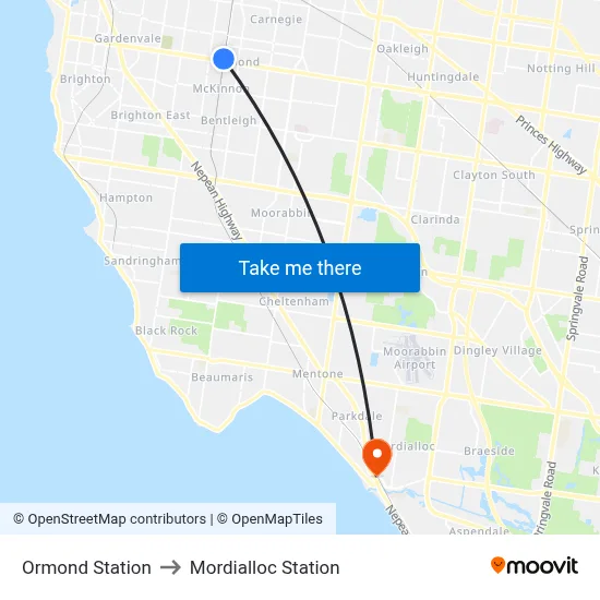 Ormond Station to Mordialloc Station map