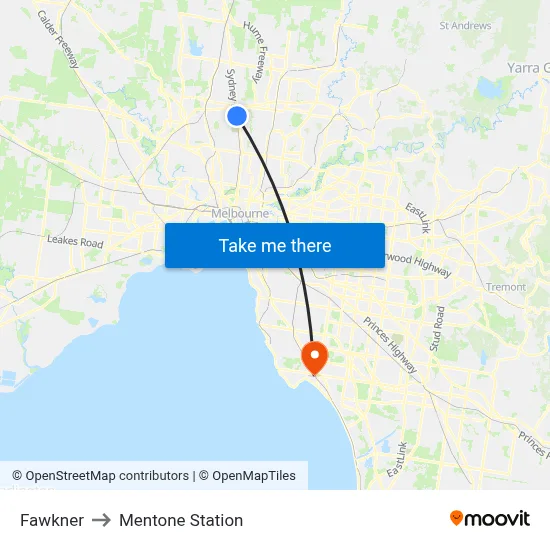 Fawkner to Mentone Station map