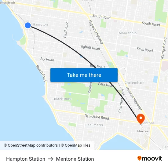 Hampton Station to Mentone Station map