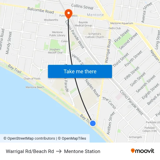 Warrigal Rd/Beach Rd to Mentone Station map