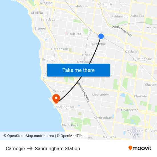 Carnegie to Sandringham Station map