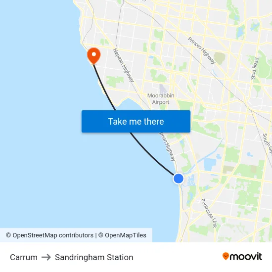 Carrum to Sandringham Station map