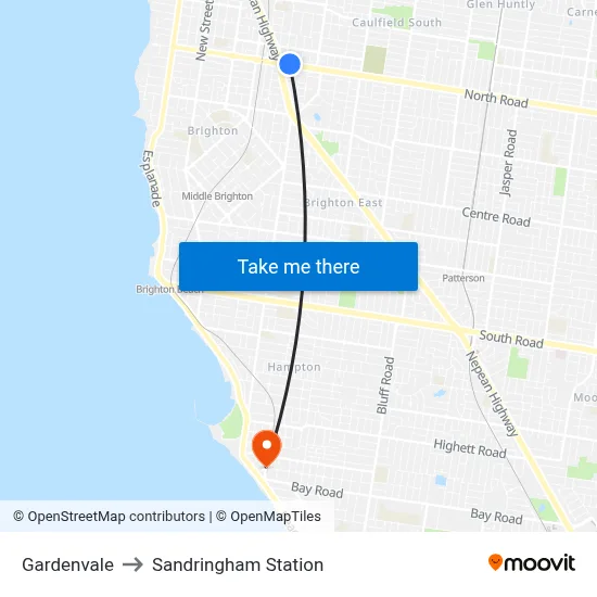 Gardenvale to Sandringham Station map