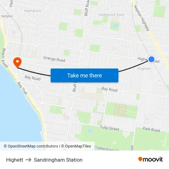 Highett to Sandringham Station map