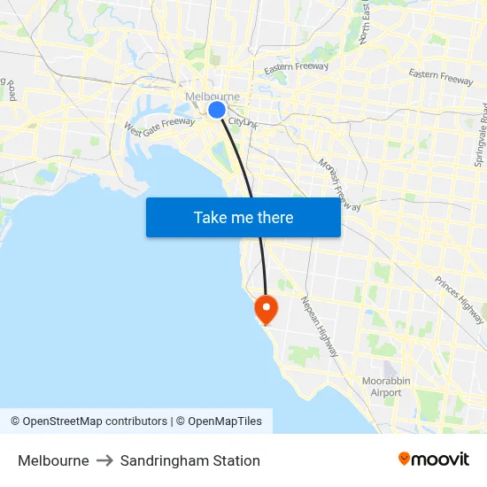 Melbourne to Sandringham Station map