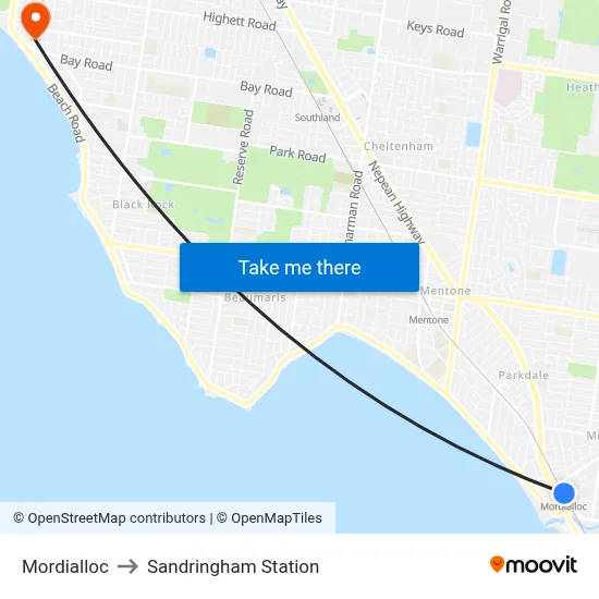 Mordialloc to Sandringham Station map