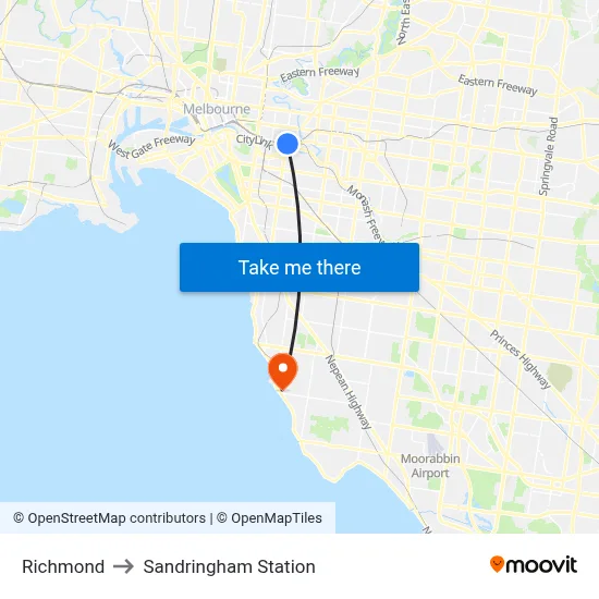 Richmond to Sandringham Station map