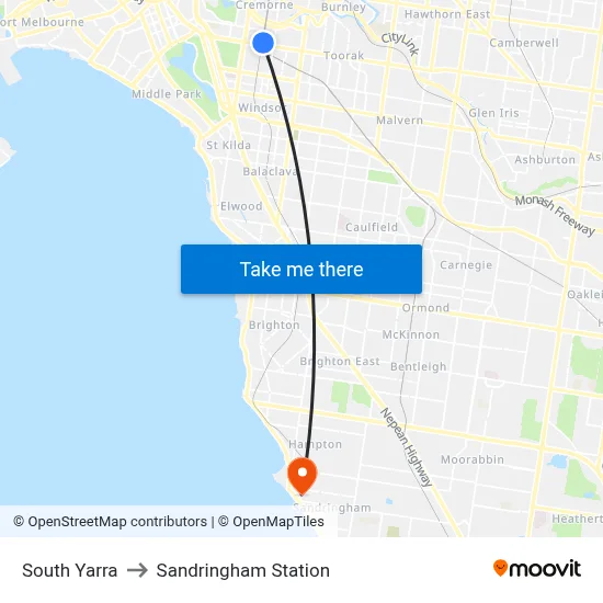 South Yarra to Sandringham Station map