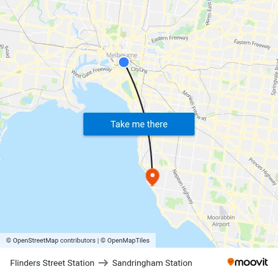 Flinders Street Station to Sandringham Station map
