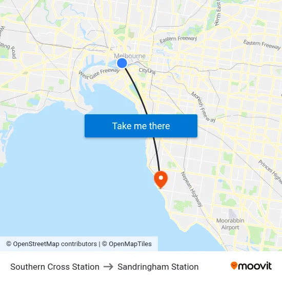 Southern Cross Station to Sandringham Station map