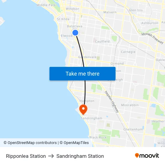 Ripponlea Station to Sandringham Station map