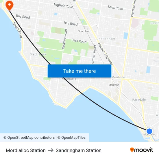 Mordialloc Station to Sandringham Station map