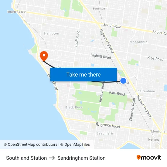 Southland Station to Sandringham Station map