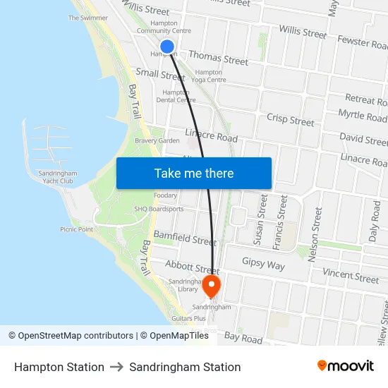 Hampton Station to Sandringham Station map
