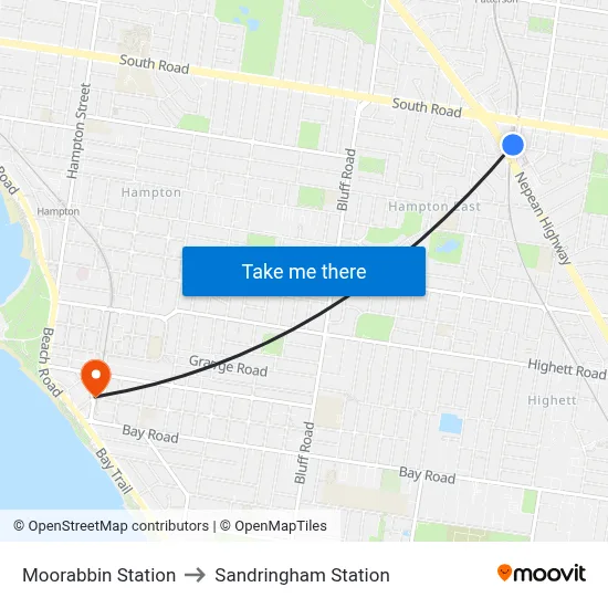 Moorabbin Station to Sandringham Station map