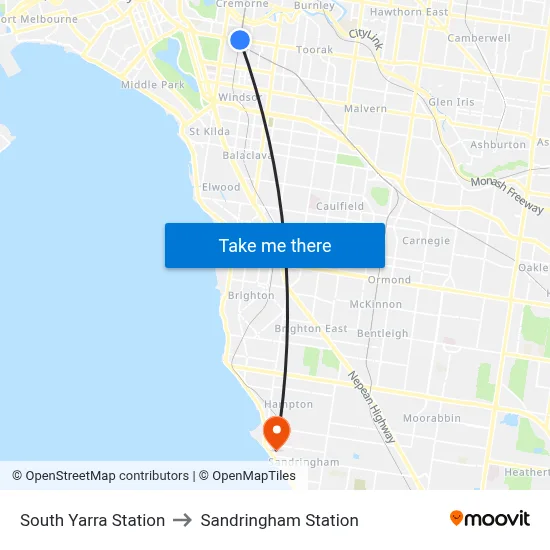 South Yarra Station to Sandringham Station map