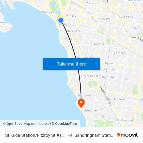 St Kilda Station/Fitzroy St #132 to Sandringham Station map
