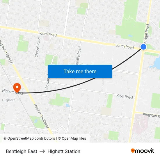 Bentleigh East to Highett Station map