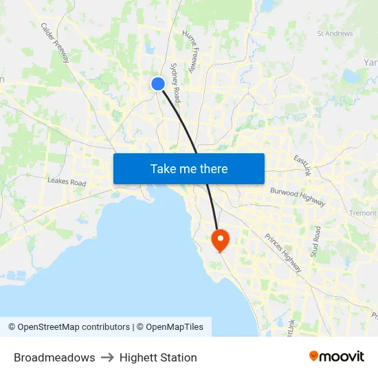 Broadmeadows to Highett Station map