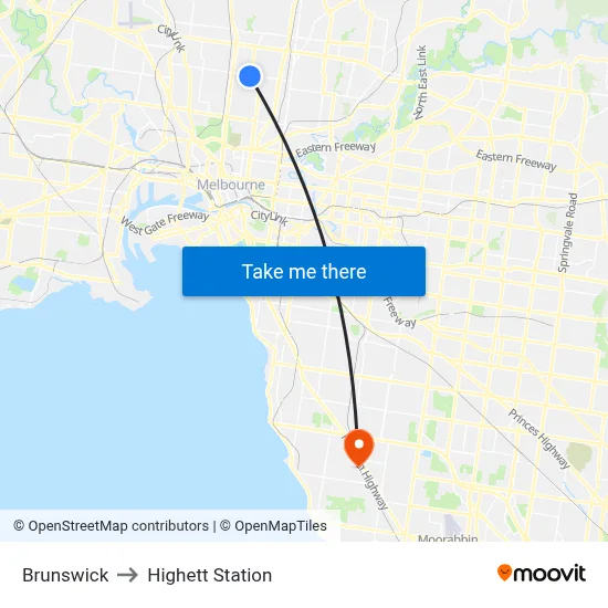 Brunswick to Highett Station map
