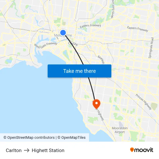 Carlton to Highett Station map