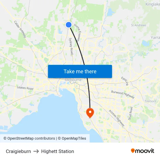 Craigieburn to Highett Station map