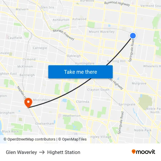 Glen Waverley to Highett Station map