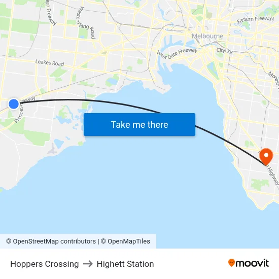Hoppers Crossing to Highett Station map