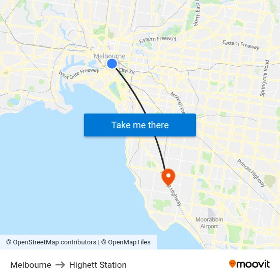 Melbourne to Highett Station map