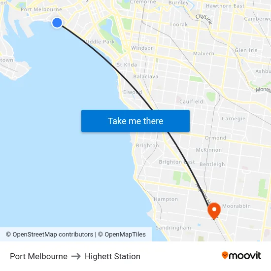 Port Melbourne to Highett Station map