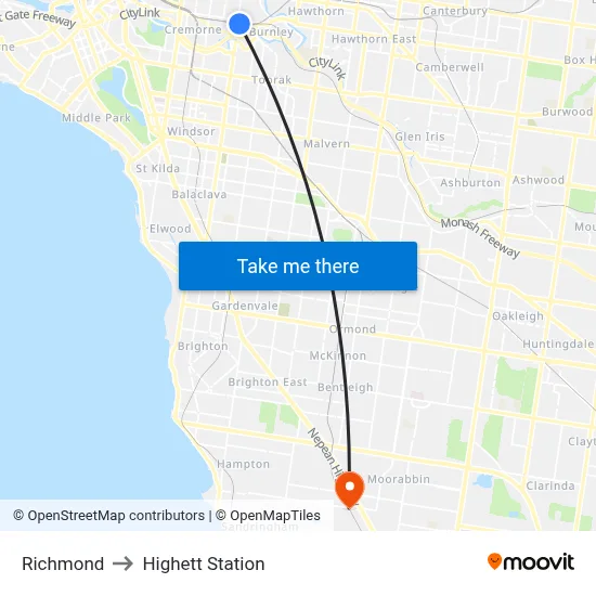 Richmond to Highett Station map