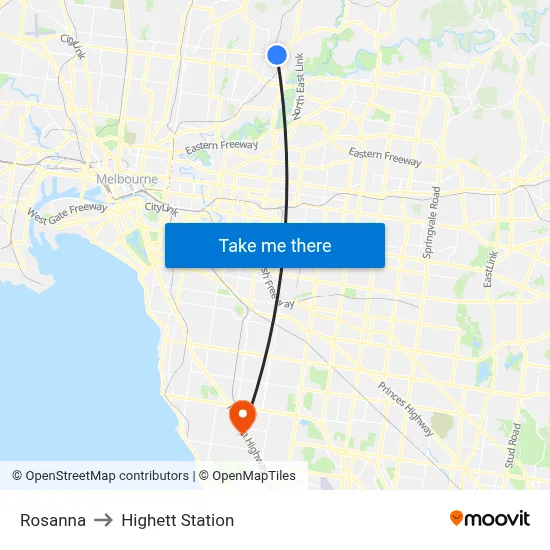 Rosanna to Highett Station map
