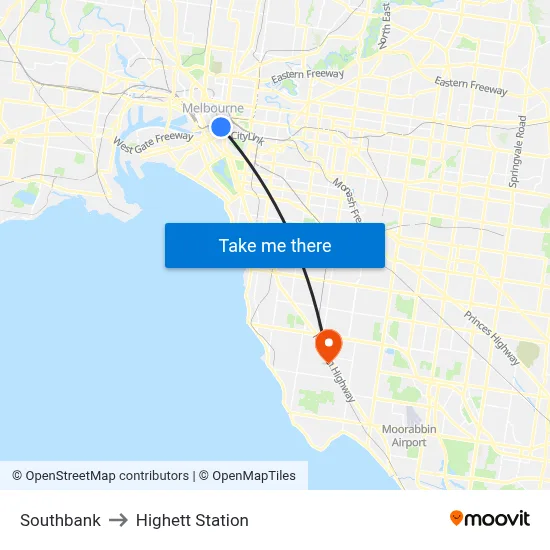 Southbank to Highett Station map