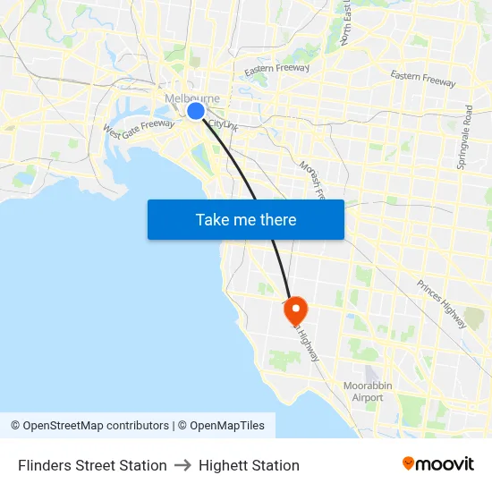 Flinders Street Station to Highett Station map