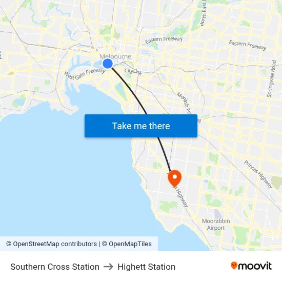 Southern Cross Station to Highett Station map