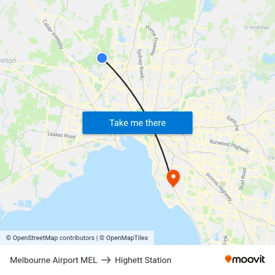Melbourne Airport MEL to Highett Station map
