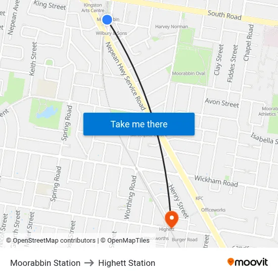 Moorabbin Station to Highett Station map