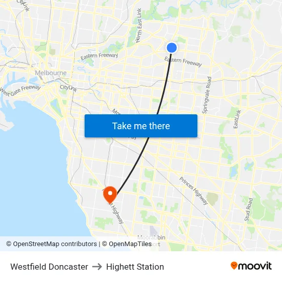Westfield Doncaster to Highett Station map