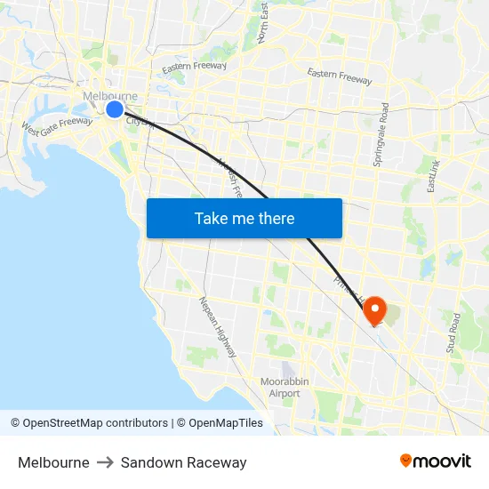 Melbourne to Sandown Raceway map