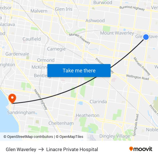 Glen Waverley to Linacre Private Hospital map