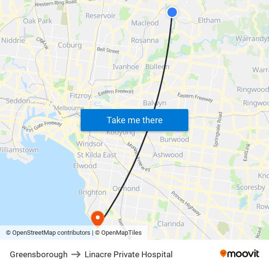 Greensborough to Linacre Private Hospital map