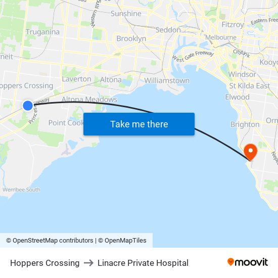 Hoppers Crossing to Linacre Private Hospital map