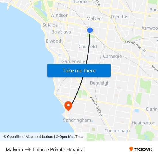 Malvern to Linacre Private Hospital map