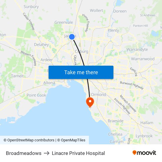 Broadmeadows to Linacre Private Hospital map