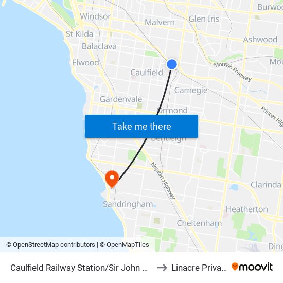 Caulfield Railway Station/Sir John Monash Dr (Caulfield East) to Linacre Private Hospital map