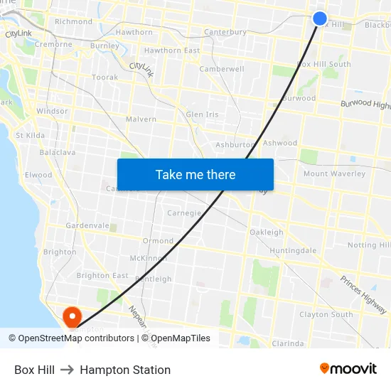 Box Hill to Hampton Station map