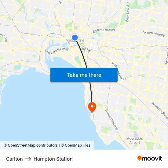 Carlton to Hampton Station map