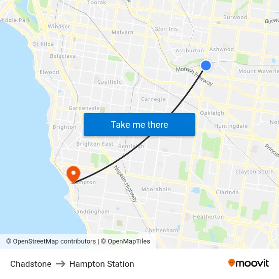 Chadstone to Hampton Station map