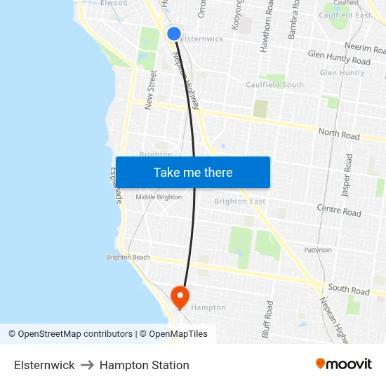 Elsternwick to Hampton Station map